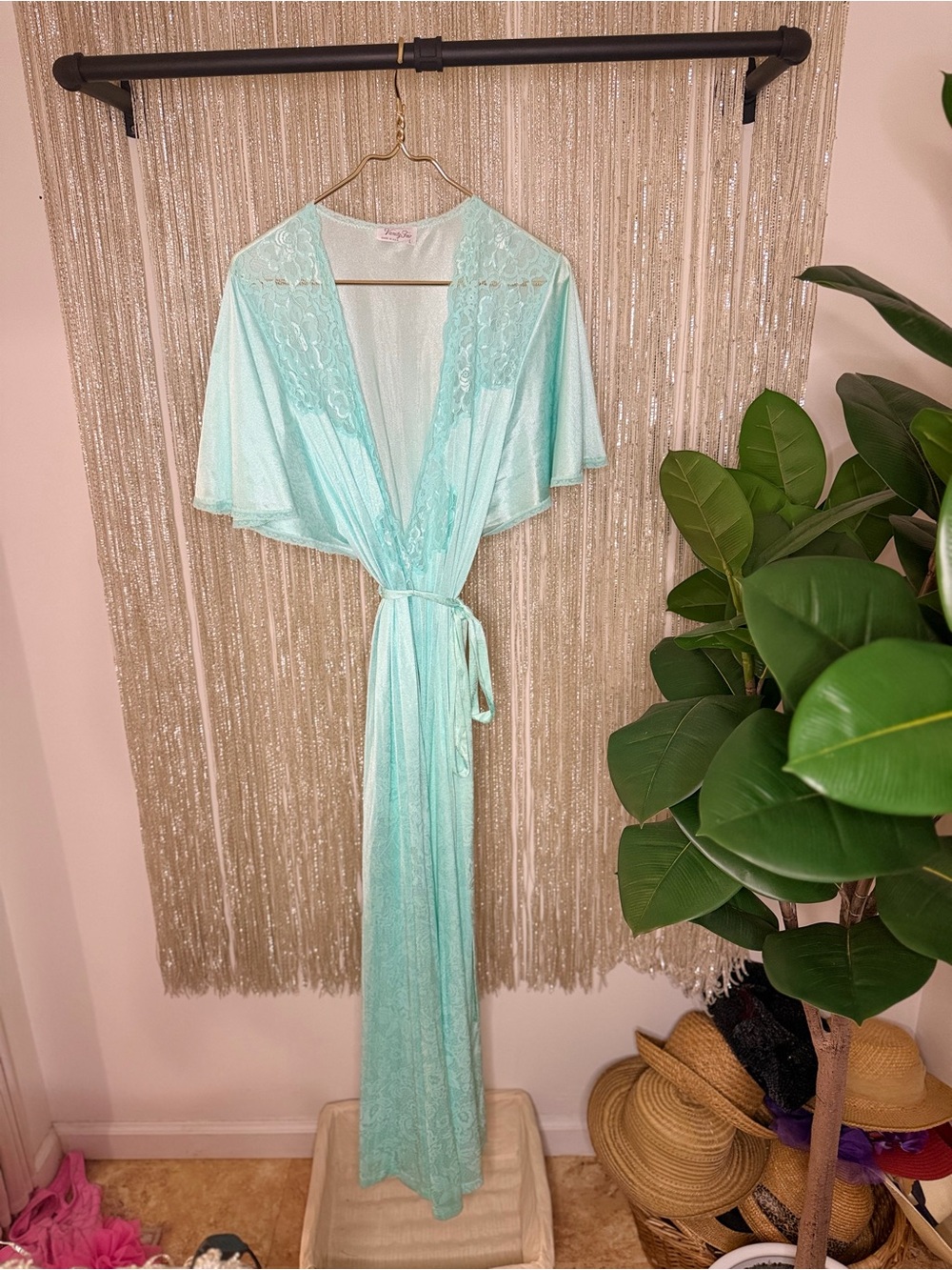 Vintage Vanity Fair Aqua Blue Nylon Peignoir Robe Lace Full Length USA L